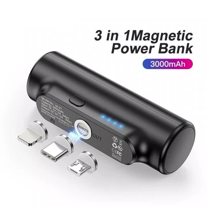 3в1 Магнитен безжичен Power Bank 3000 mAh /черен/