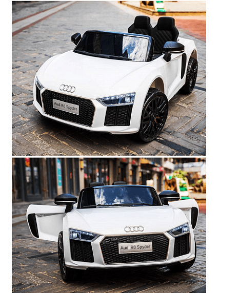 Акумулаторна кола Audi R8 Spyder, С меки гуми и кожена седалка, 12V, Paзмep 106x62x48cм., Черна