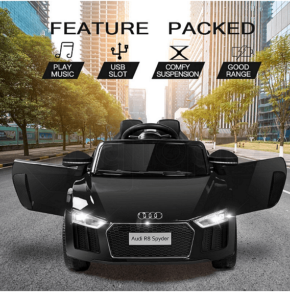 Акумулаторна кола Audi R8 Spyder, С меки гуми и кожена седалка, 12V, Paзмep 106x62x48cм., Черна