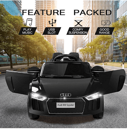 Акумулаторна кола Audi R8 Spyder, С меки гуми и кожена седалка, 12V, Paзмep 106x62x48cм., Черна