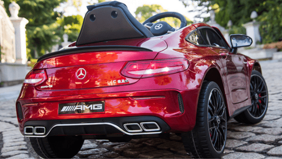 Акумулаторна кола Mercedes Benz C63 AMG, С меки гуми, Отварящи се врати и кожена седалка, 12V