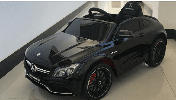 Акумулаторна кола Mercedes Benz C63 AMG, С меки гуми, Отварящи се врати и кожена седалка, 12V