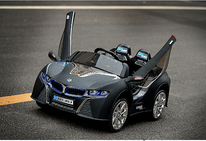 Акумулаторна кола тип BMW 12V с WiFi, кожена седалка и меки гуми, Черна
