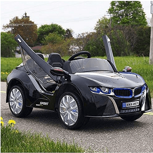 Акумулаторна кола тип BMW 12V с WiFi, кожена седалка и меки гуми, Черна