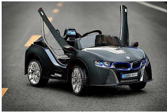 Акумулаторна кола тип BMW 12V с WiFi, кожена седалка и меки гуми, Черна