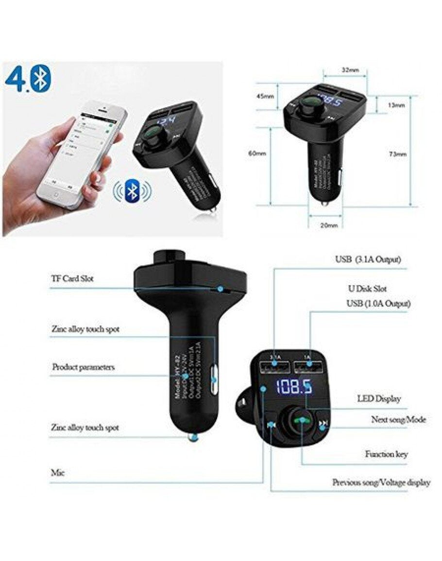 FM Трансмитер X8 - Bluetooth, USB, FM аудио предавател, MP3 плейър, Handsfree