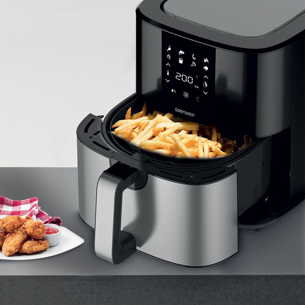 Фритюрник Air Fryer, GoldMaster, 7 литра, Иновативна технология, До 200 ˚C, Подвижна кошница, Цифров сензорен дисплей, Черен