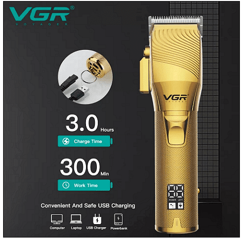 Машинка за подстригване VGR 280, Стоманено острие, LCD дисплей, 6 приставки, Кука за закачане, Златен