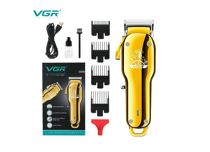 Машинка за подстригване VGR V-678, Стоманено острие, LCD дисплей, 4 приставки, USB, Кука за закачане, Златен