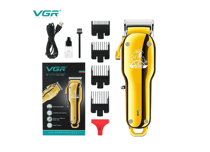 Машинка за подстригване VGR V-678, Стоманено острие, LCD дисплей, 4 приставки, USB, Кука за закачане, Златен