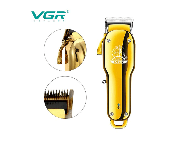 Машинка за подстригване VGR V-678, Стоманено острие, LCD дисплей, 4 приставки, USB, Кука за закачане, Златен