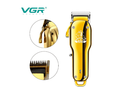 Машинка за подстригване VGR V-678, Стоманено острие, LCD дисплей, 4 приставки, USB, Кука за закачане, Златен