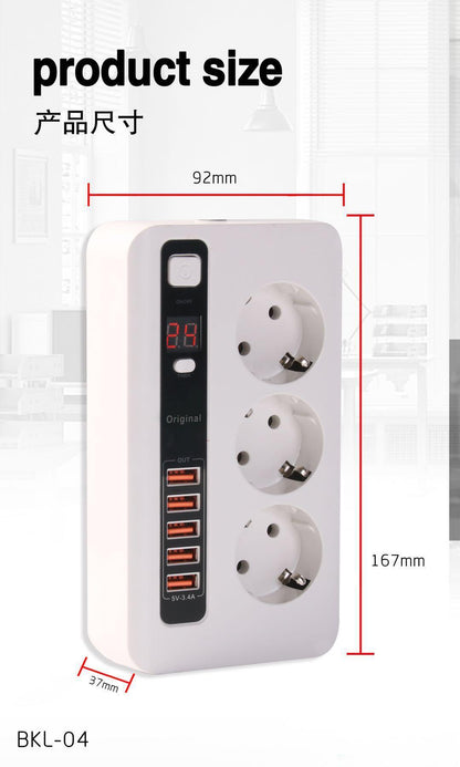 Power Socket разклонител с x5 USB и 3x220V гнезда 3.4А 2м.