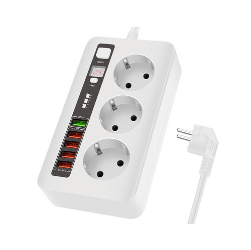Разклонител модел BKL 04EU, 3 гнезда и 5 USB порта, FastCharge, С ключ, 2500W, 10А