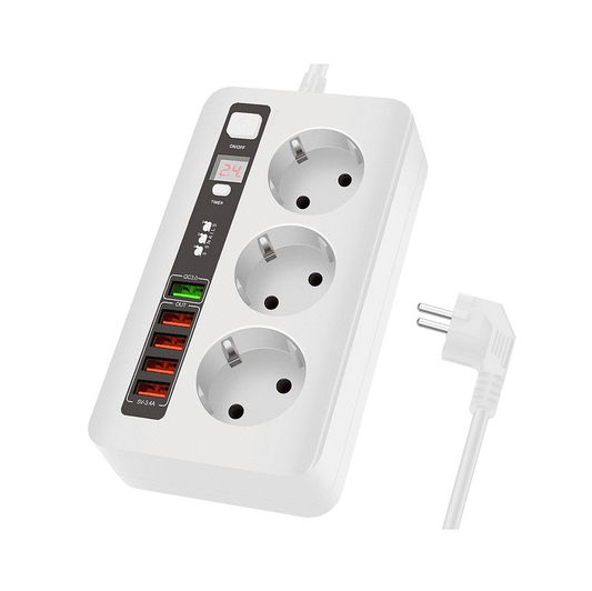Разклонител модел BKL 04EU, 3 гнезда и 5 USB порта, FastCharge, С ключ, 2500W, 10А