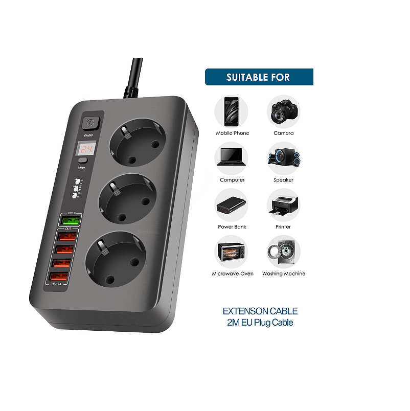 Разклонител модел BKL 04EU, 3 гнезда и 5 USB порта, FastCharge, С ключ, 2500W, 10А