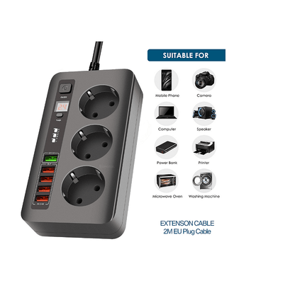 Разклонител модел BKL 04EU, 3 гнезда и 5 USB порта, FastCharge, С ключ, 2500W, 10А