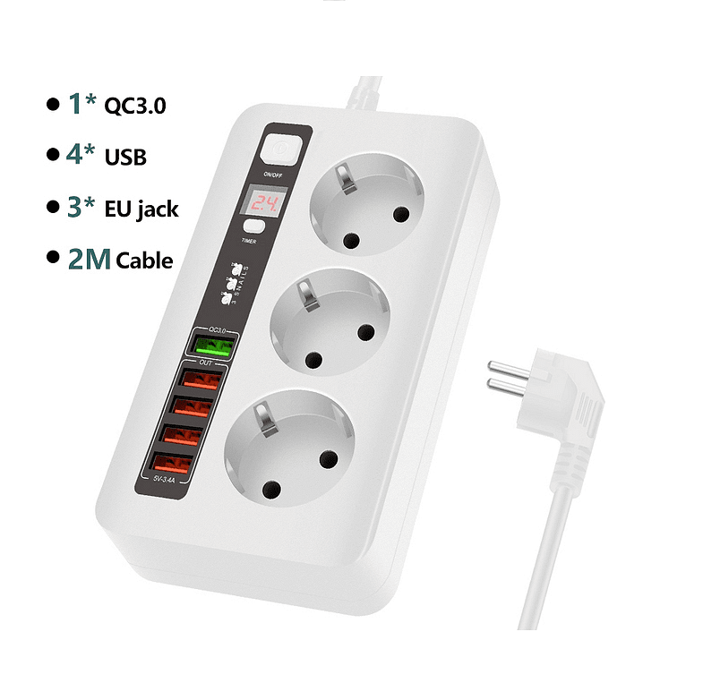 Разклонител модел BKL 04EU, 3 гнезда и 5 USB порта, FastCharge, С ключ, 2500W, 10А