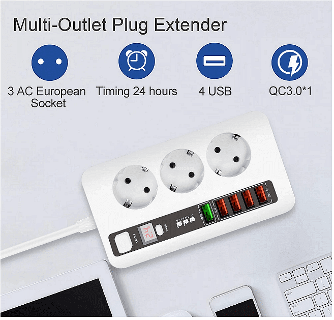Разклонител модел BKL 04EU, 3 гнезда и 5 USB порта, FastCharge, С ключ, 2500W, 10А