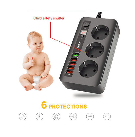 Разклонител модел BKL 04EU, 3 гнезда и 5 USB порта, FastCharge, С ключ, 2500W, 10А
