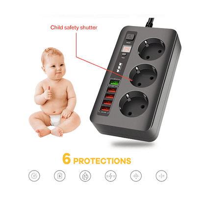 Разклонител модел BKL 04EU, 3 гнезда и 5 USB порта, FastCharge, С ключ, 2500W, 10А
