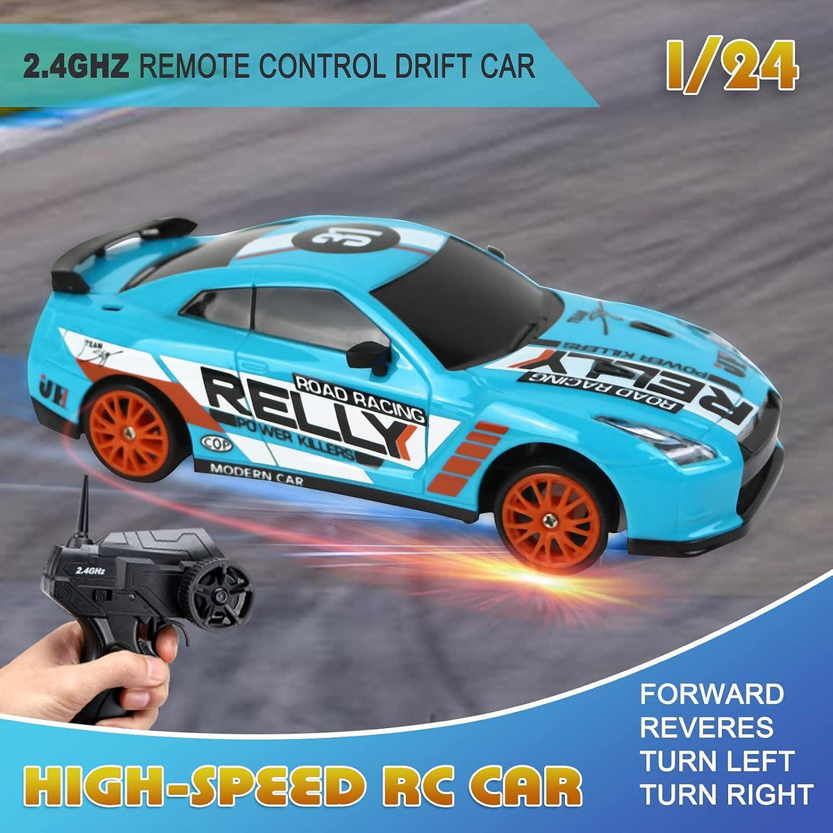 RC Дрифт Количка с Дистанционно 1/24, 4WD, със светлини, многоцветна, 18x8x5см, пълен комплект