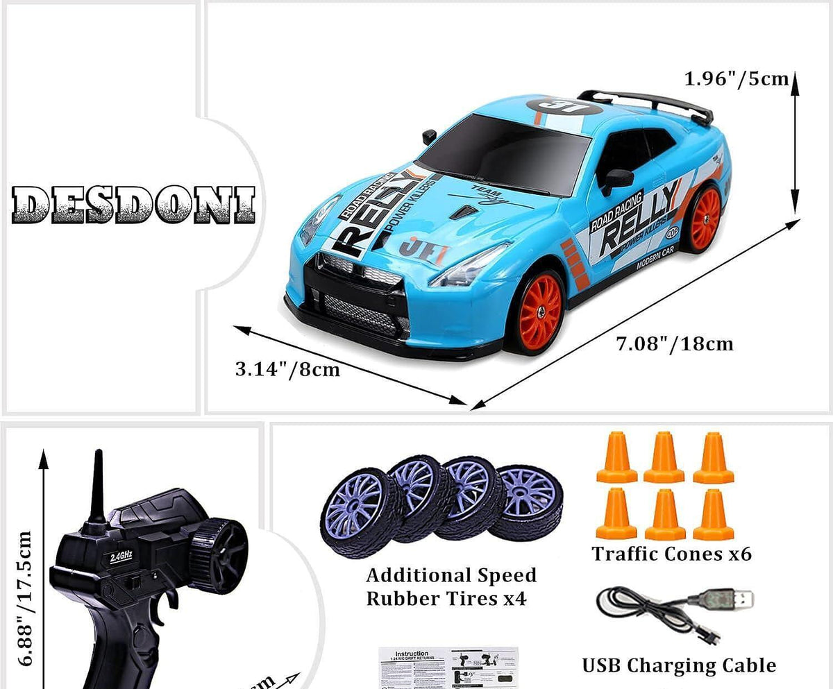 RC Дрифт Количка с Дистанционно 1/24, 4WD, със светлини, многоцветна, 18x8x5см, пълен комплект