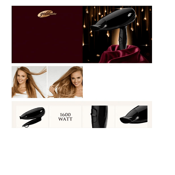Сгъваем сешоар, GoldMaster, 1600W, Компактен дизайн, 2 степени на температура, Черен