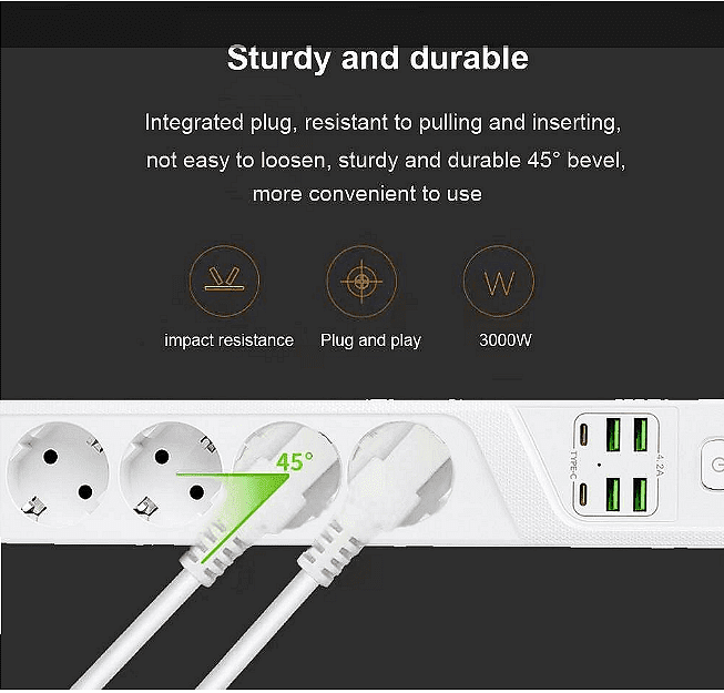 Универсален разклонител с 3 гнезда, Power Socket BKL-19 , 4.2А, 4 USB порта и 2 Type-C портала, Смарт технология, 3000W