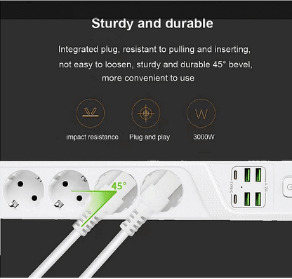 Универсален разклонител с 3 гнезда, Power Socket BKL-19 , 4.2А, 4 USB порта и 2 Type-C портала, Смарт технология, 3000W