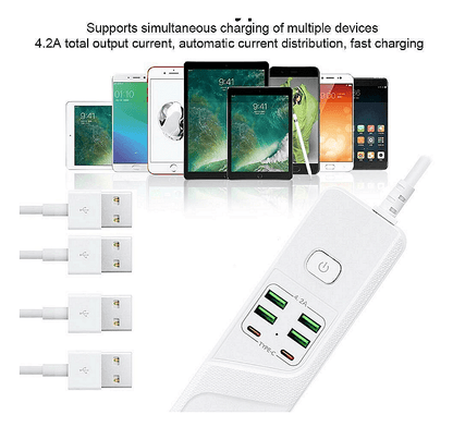 Универсален разклонител с 3 гнезда, Power Socket BKL-19 , 4.2А, 4 USB порта и 2 Type-C портала, Смарт технология, 3000W