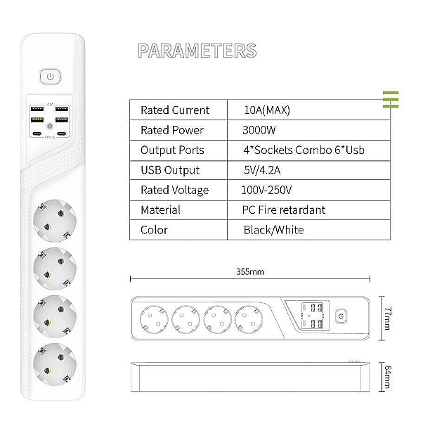 Универсален разклонител с 3 гнезда, Power Socket BKL-19 , 4.2А, 4 USB порта и 2 Type-C портала, Смарт технология, 3000W