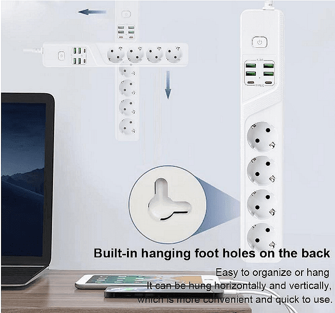 Универсален разклонител с 3 гнезда, Power Socket BKL-19 , 4.2А, 4 USB порта и 2 Type-C портала, Смарт технология, 3000W