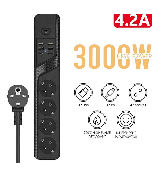 Универсален разклонител с 3 гнезда, Power Socket BKL-19 , 4.2А, 4 USB порта и 2 Type-C портала, Смарт технология, 3000W