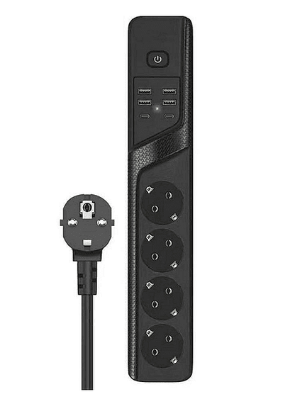 Универсален разклонител с 3 гнезда, Power Socket BKL-19 , 4.2А, 4 USB порта и 2 Type-C портала, Смарт технология, 3000W
