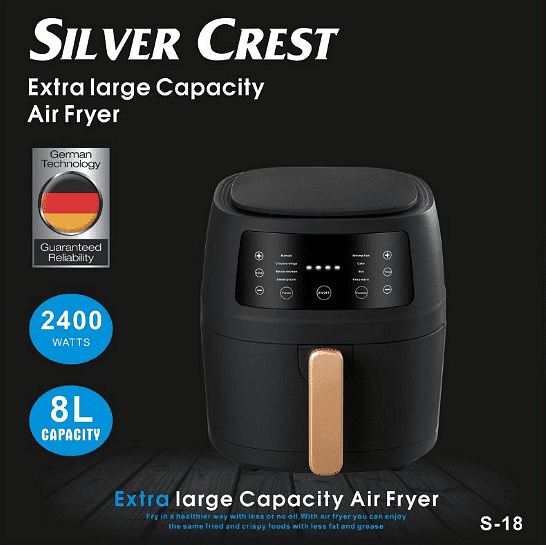 Уред за готвене с горещ въздух, Silver Crest, S-18, 8 литра, 2400 W, Черен
