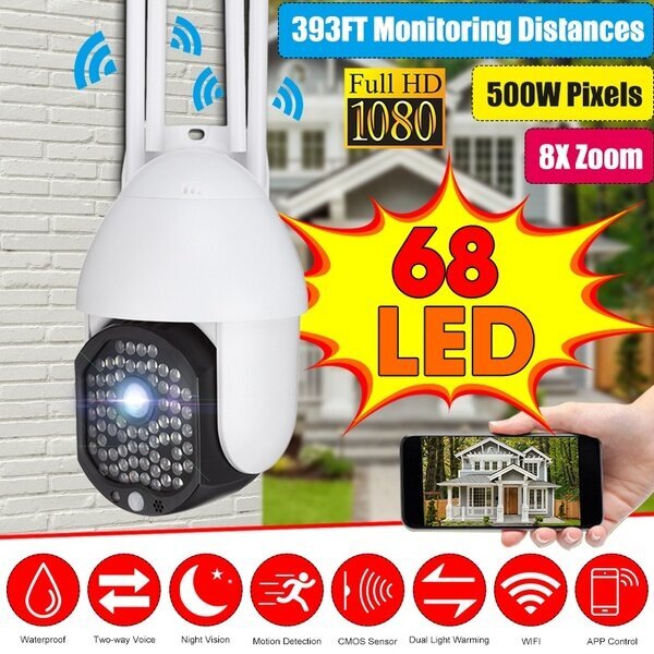 Комплект 2 бр ВОДОУСТОЙЧИВА WIFI FULL HD 2.0MP 68 LED 320° ВЪРТЯЩА КАМЕРА С MOTION TRACKING